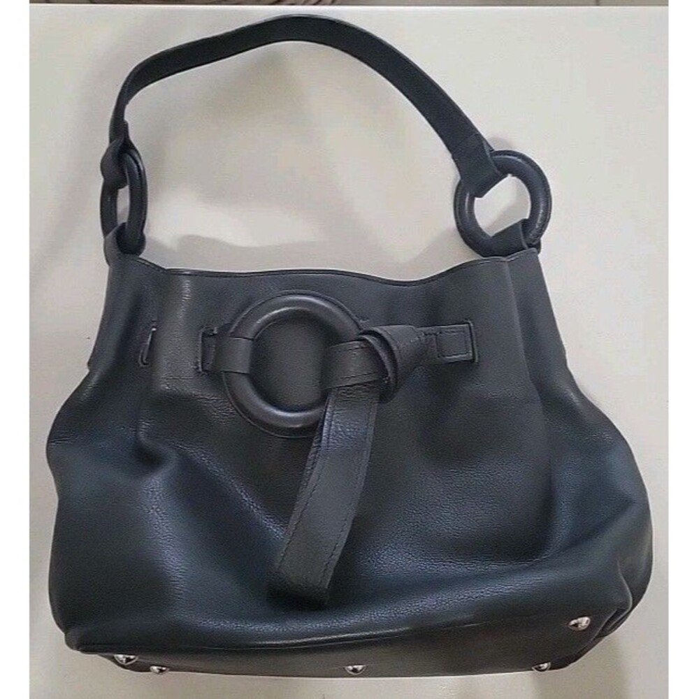 Sequoia Paris Harmony Black Leather Shoulder Bucket Tote Bag –Iconic Ring– EUC